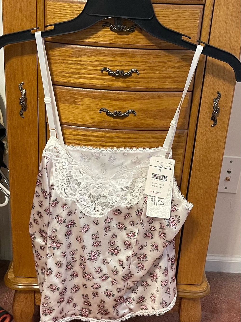 Floral Satin Lace-Trim Chemise in White and Pink (Size 36) & Matching Slip (Med)